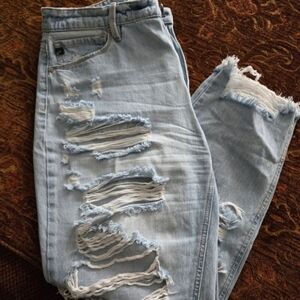 KanCan High Rise Distressed Mom Jeans Light Wash Shredded Raw Hem Size 11/29
